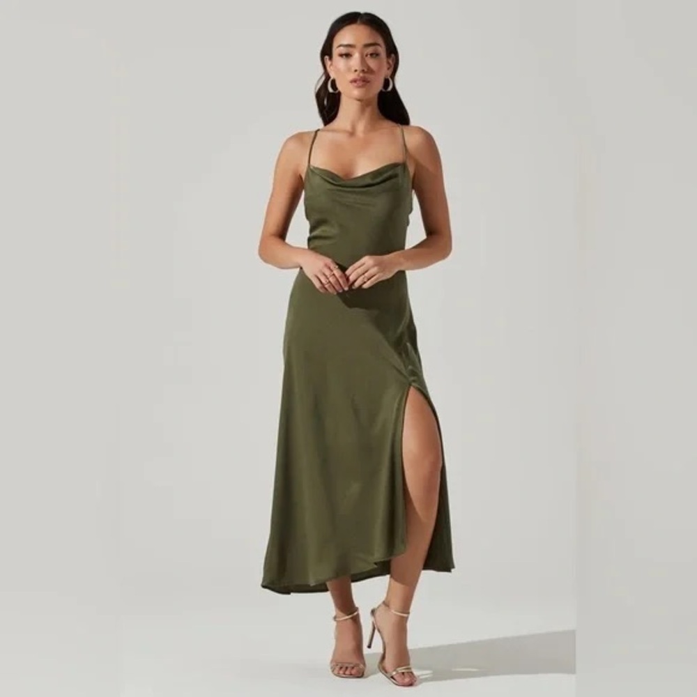Astr Olive Green Satin Slip Midi Dress with Side Slit
